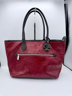 Valentina Tradizione Italiana Genuine Leather Embossed Floral Tote Burgundy